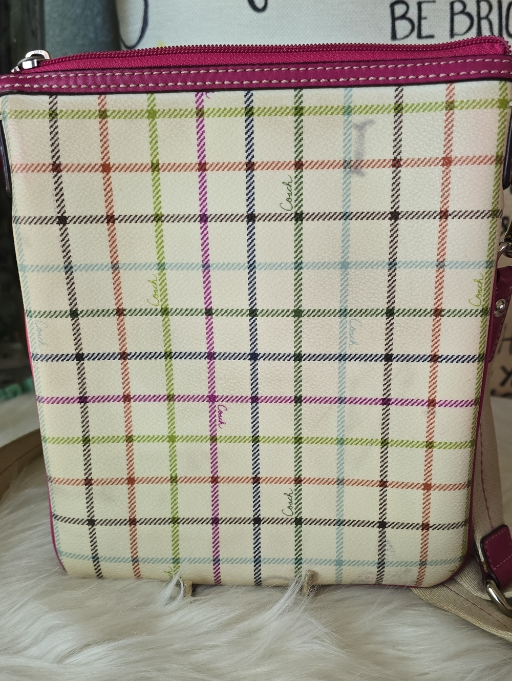 Coach Tattersall Cream Plaid Crossbody Bag with Pink Trim - Picture 4 of 13